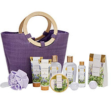 Load image into Gallery viewer, Amazon.com : Spa Luxetique Lavender Spa Gift Baskets for Women, Premium 10pc Gift Baskets, Best Holiday Gift Set for Women - Deluxe Spa Tote Bag with Wooden Handle, Bath Salt, Hand Soap/Cream, Shower Gel and Moe! : Beauty
