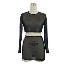 Load image into Gallery viewer, BKLD Sexy Sheer Mesh Club 2 Two Pieces Sets Women 2019 Summer Outfits See Through Long Sleeve Crop Tops+Bodycon Party Mini Skirt