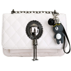 Women Fashion sewing thread Cross Lined Metal Long Chain Leather Bag