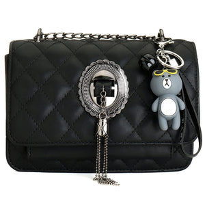 Women Fashion sewing thread Cross Lined Metal Long Chain Leather Bag