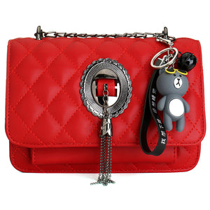 Women Fashion sewing thread Cross Lined Metal Long Chain Leather Bag