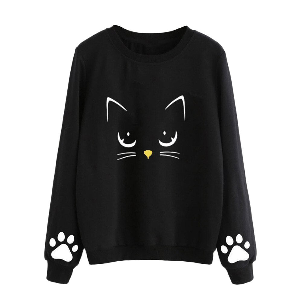 Stylish Cat Print Paw Hands Round Neck Pullover