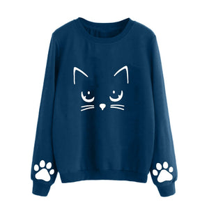 Stylish Cat Print Paw Hands Round Neck Pullover