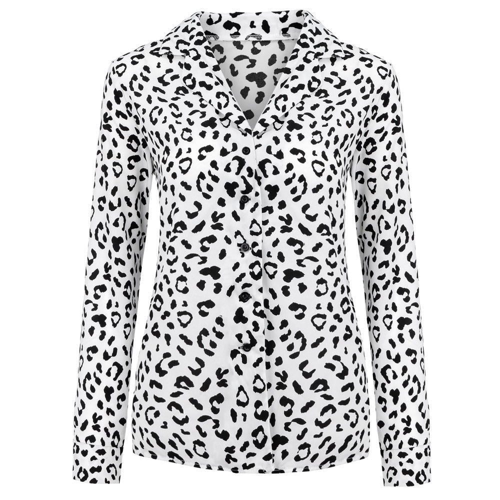 Women Fashion Turn-down Collar Leopard print Long Sleeve Shirt