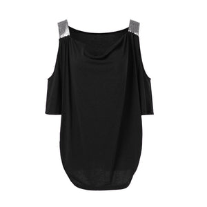 V-Neck Solid Regular Sequined Nine Quarter Women Off Shoulder Top