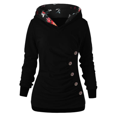 Women Polyester Full Sleeve Floral Pullovers Regular Hooded Button Fashion Sweatshirt