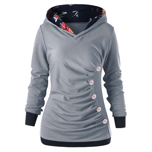 Women Polyester Full Sleeve Floral Pullovers Regular Hooded Button Fashion Sweatshirt