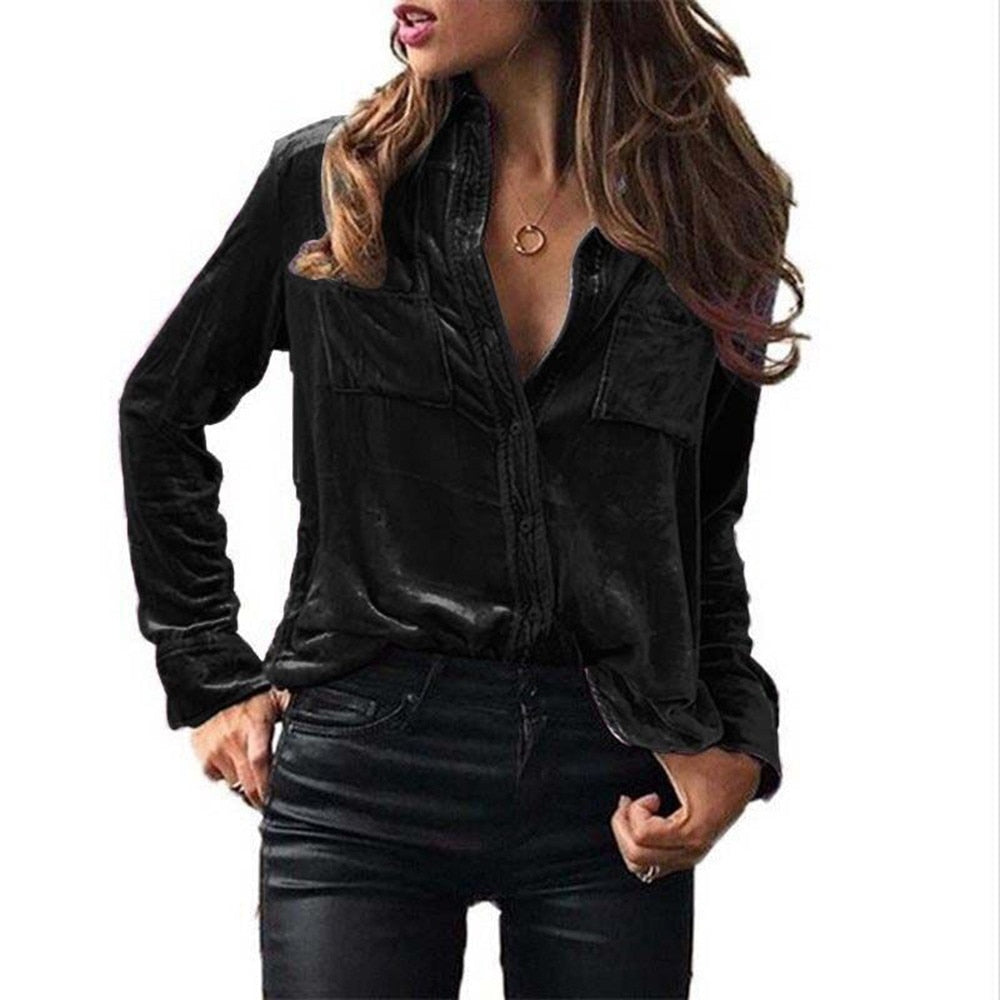Women Casual Turn-down Collar Full Sleeve bitton T-shirt