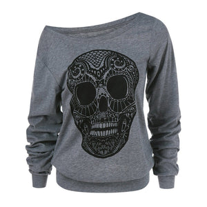 Skull Print Long Sleeve Halloween Sweatshirt for Women