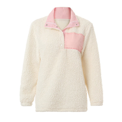 Ladies Stand Neck Long Sleeve Buttons Neck Long Sleeve Fluffy Sweatshirt