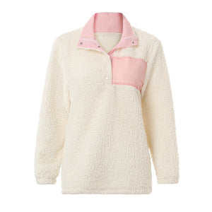Ladies Stand Neck Long Sleeve Buttons Neck Long Sleeve Fluffy Sweatshirt