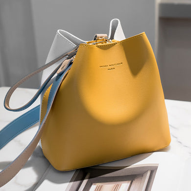 PU Leather Drawstring Two Color Crossbody Bucket Bag