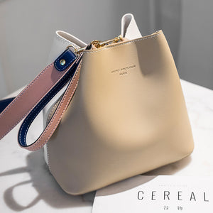 PU Leather Drawstring Two Color Crossbody Bucket Bag