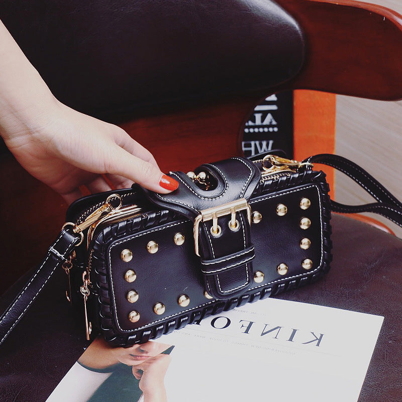 Mini Rectangle Leather Box Bag Gold studded Decor Women Crossbody Bag