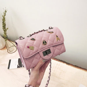 Fashion Argyle sewing thread Beaded double chain Party Women Crossbody Bag