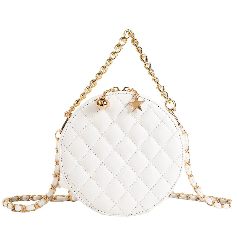 Women Leather Argyle Round Pattern sewing thread Round Box Chain Bag