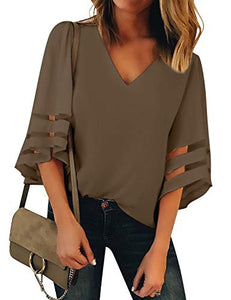 LookbookStore Women's Beige V Neck Casual Mesh Panel Blouse 3/4 Bell Sleeve Solid Color Loose Top Shirt Size S(US 4-6) at Amazon Womenâs Clothing store: