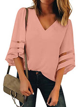 Load image into Gallery viewer, LookbookStore Women&#39;s Beige V Neck Casual Mesh Panel Blouse 3/4 Bell Sleeve Solid Color Loose Top Shirt Size S(US 4-6) at Amazon Womenâs Clothing store: