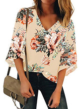 Load image into Gallery viewer, LookbookStore Women&#39;s Beige V Neck Casual Mesh Panel Blouse 3/4 Bell Sleeve Solid Color Loose Top Shirt Size S(US 4-6) at Amazon Womenâs Clothing store:
