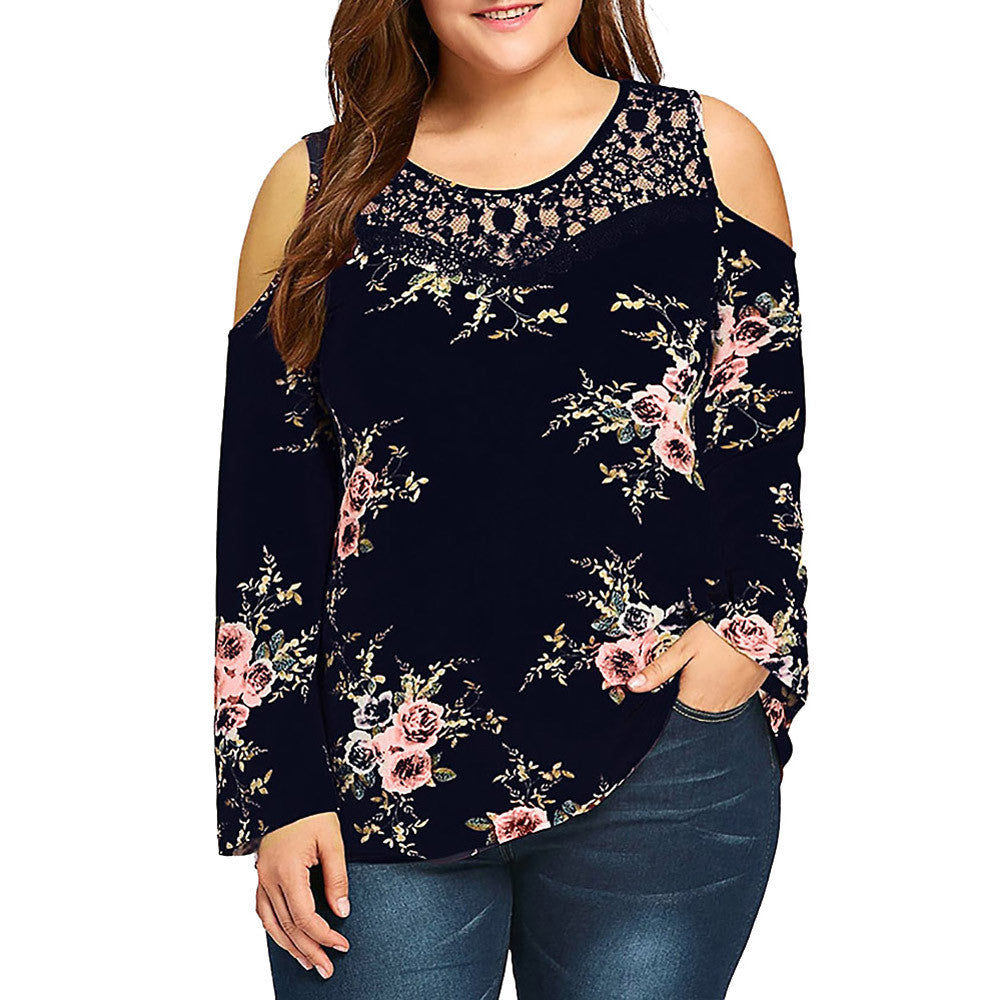 Women Regular Full Sleeve Polyester O-Neck Lace Floral Casual Tops