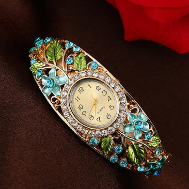 Women Fancy Bracelet Quartz Crystal Gold Plated Multi Color Wristwatch