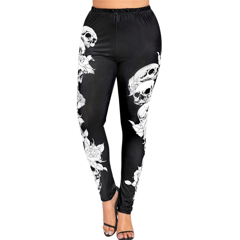 Women Skull Printed Leggings Ankle-Length High Waist Thin Stretchy Leggings