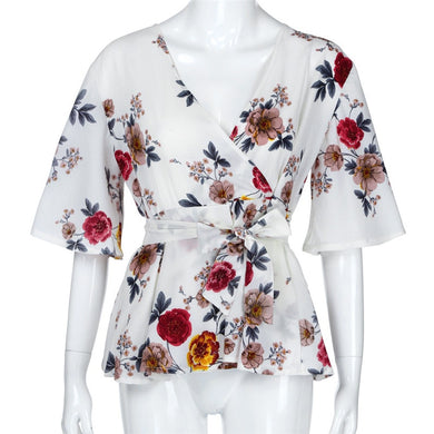 Women Casual Floral Print Waist Belt Loose Sleeves Peplum Blouse Women Shirt