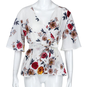 Women Casual Floral Print Waist Belt Loose Sleeves Peplum Blouse Women Shirt