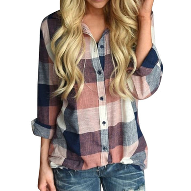 Women Regular Full Sleeve Polyester Plaid Pattern Button Fashion Blouses And Tops