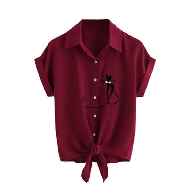 Fashion Women Cat Print Short Sleeve Daily Wear Plain Casual Shirt