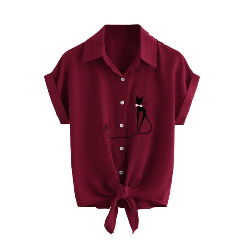 Fashion Women Cat Print Short Sleeve Daily Wear Plain Casual Shirt