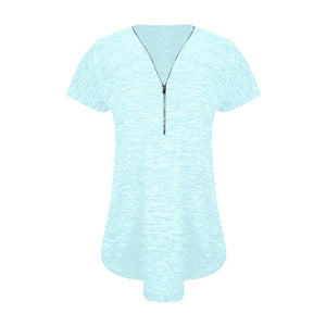Women Regular Polyester Short Sleeve V-Neck Solid Zipper Cotton Blouse Tops