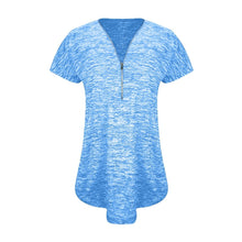 Load image into Gallery viewer, Women Regular Polyester Short Sleeve V-Neck Solid Zipper Cotton Blouse Tops