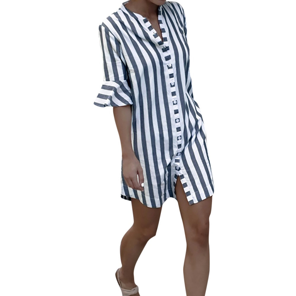Women Polyester Long Length Casual Half Sleeve Striped Pattern V-Neck Flare Sleeve Ladies Tops