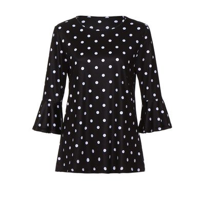 Women Polyester Regular Streetwear Broadcloth Three Quarter Sleeve Polka Dot Pattern O-Neck Flare Sleeve Tee Shirt