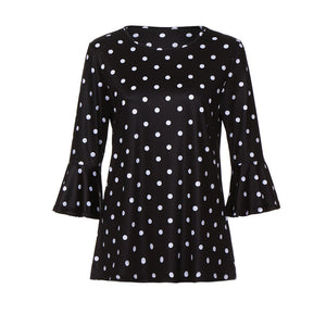Women Polyester Regular Streetwear Broadcloth Three Quarter Sleeve Polka Dot Pattern O-Neck Flare Sleeve Tee Shirt