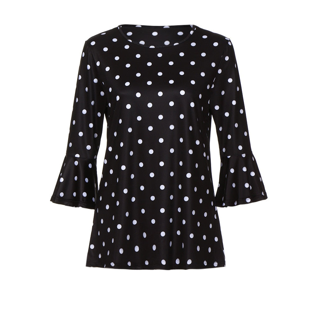 Women Polyester Regular Streetwear Broadcloth Three Quarter Sleeve Polka Dot Pattern O-Neck Flare Sleeve Tee Shirt