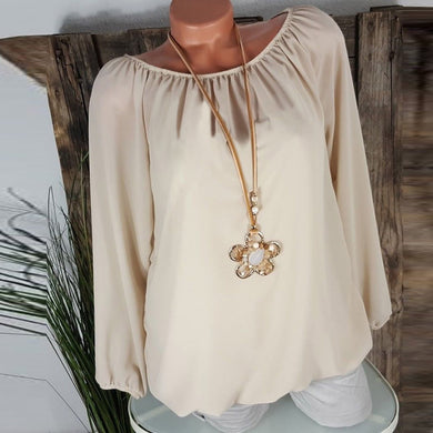 Women Polyester Regular Length Casual Full Length Solid O-Neck Loose Blouse Tops