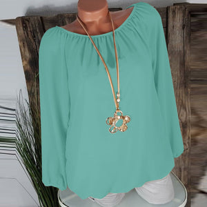 Women Polyester Regular Length Casual Full Length Solid O-Neck Loose Blouse Tops
