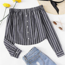 Load image into Gallery viewer, Fashion Vertical Striped Middle Buttons Off Shoulder Long Sleeve Women&#39;s Shirt