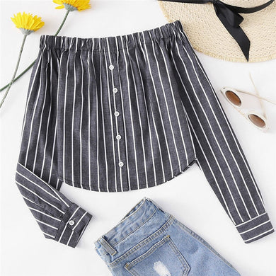 Fashion Vertical Striped Middle Buttons Off Shoulder Long Sleeve Women's Shirt