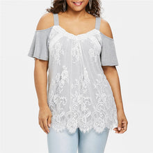 Load image into Gallery viewer, Fashion Stripe Sleeve Off shoulder Embroidery Net Loose Women&#39;s shirt