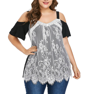 Fashion Stripe Sleeve Off shoulder Embroidery Net Loose Women's shirt
