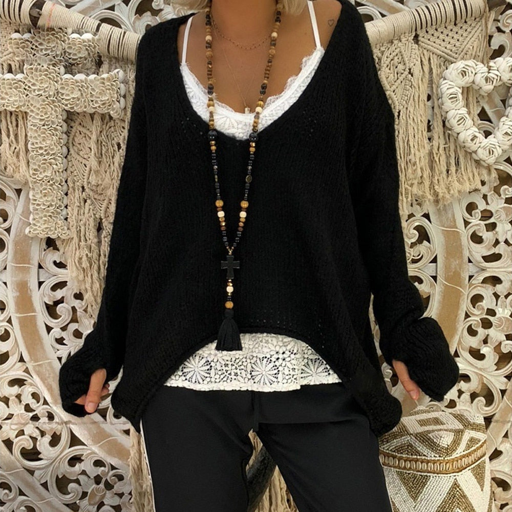 Women Solid V-neck Warm Sweater