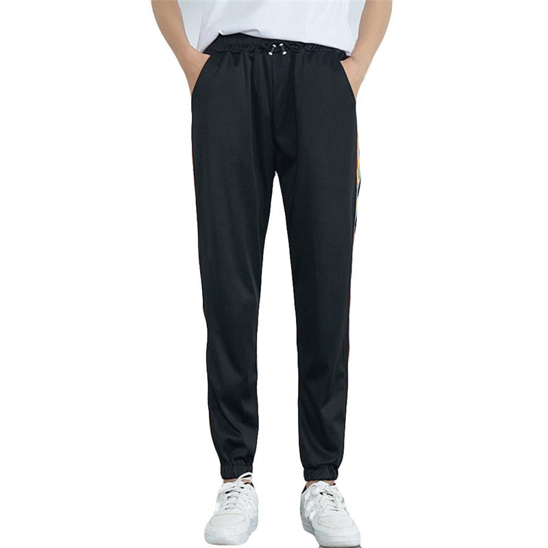 Womens Elastic Mid-Waist Multi Color Striped Side Lines Full Length Jogger Pants