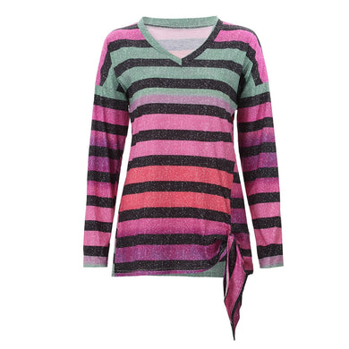 Multicolor Striped Pattern Women casual V-Neck Tee