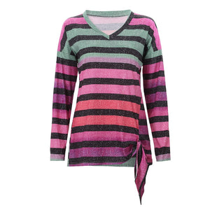 Multicolor Striped Pattern Women casual V-Neck Tee