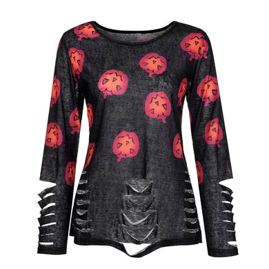 Women T-shirt Halloween Pumpkin Print Ripped Stylish Autumn Tshirt