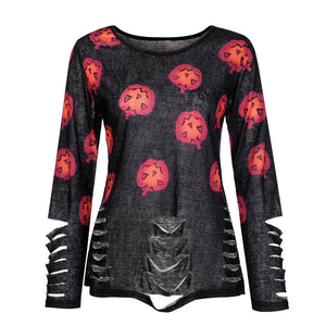Women T-shirt Halloween Pumpkin Print Ripped Stylish Autumn Tshirt