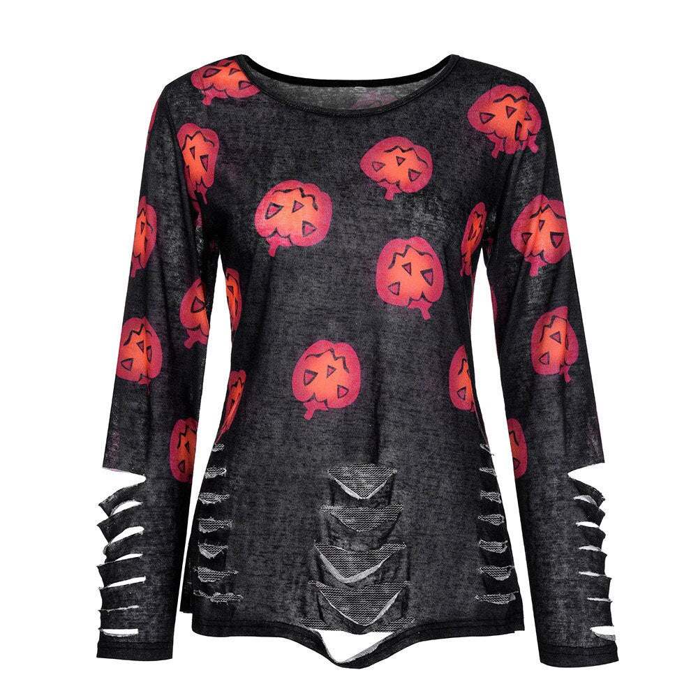 Women T-shirt Halloween Pumpkin Print Ripped Stylish Autumn Tshirt